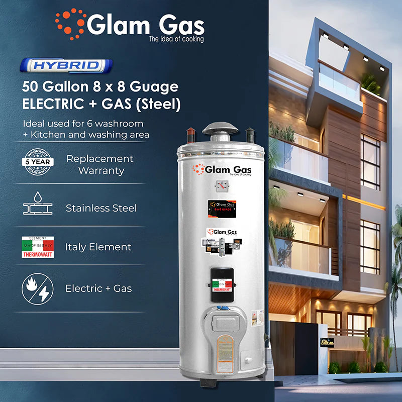 Glam Gas 50 Gallon Electric + Gas (8x8) Hybrid Storage Geyser Imported Italy Element Brand warranty