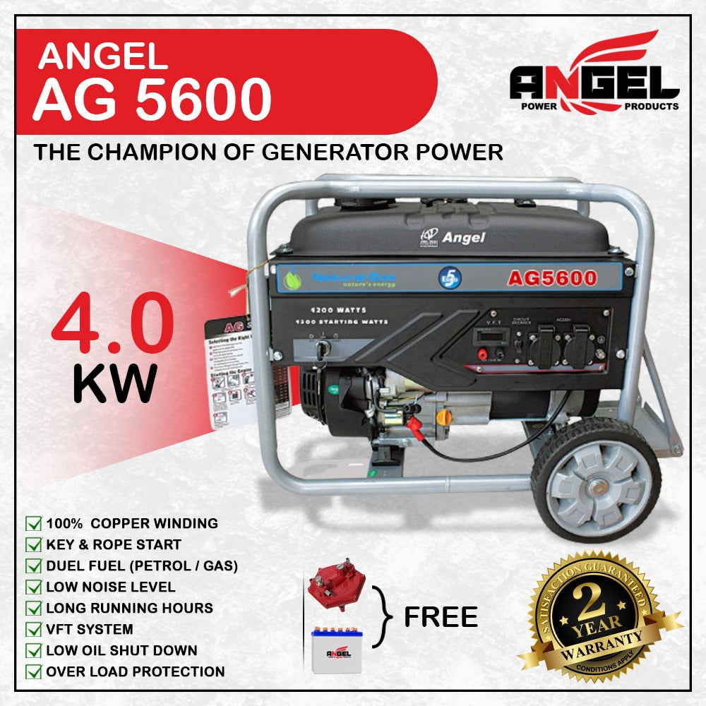 Angel Generator Euro5 AG5600 5.5 KVA 4100Watt (4.1 KW) Low Noice Alternator: 100% COPPER Volt Meter: DIGITAL  1 Year Brand Warranty