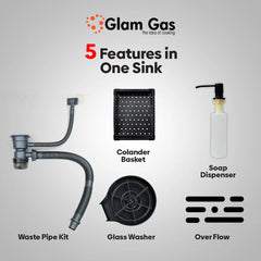 Glam Gas Life Style 6-6 Texture Kitchen Sink Glass Washer Stainless Steel Basket Brand Warranty