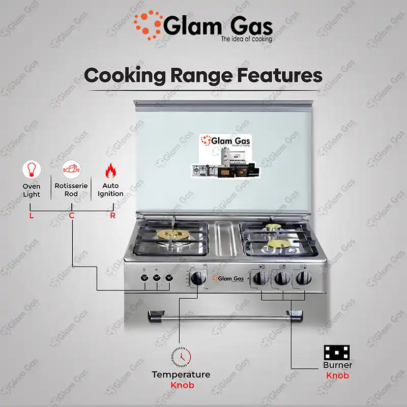 Glam Gas Cooking Range (Gas) BAKER’S 27 Full Stainless Steel Auto Ignition System" (Natural Gas & LPG) Brand Warranty