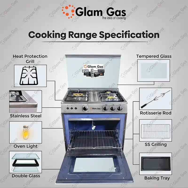 Glam Gas Cooking Range (Gas) BAKER’S 27 Full Stainless Steel Auto Ignition System" (Natural Gas & LPG) Brand Warranty