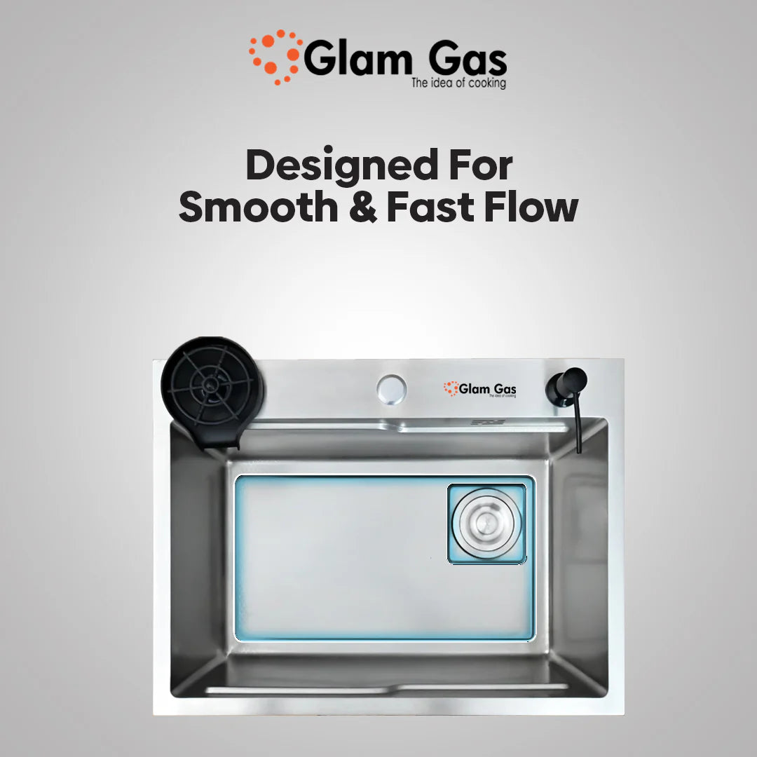 Glam Gas Life Style 6-6 Texture Kitchen Sink Glass Washer Stainless Steel Basket Brand Warranty