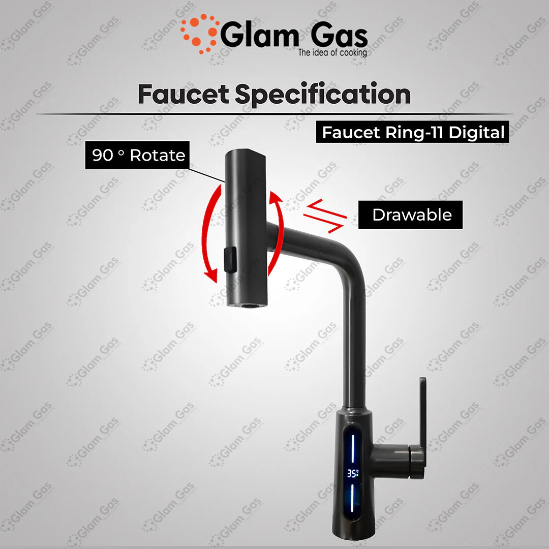 Glam Gas Faucet (Faucet Rain-11 Digital) Real-Time Water Temperature Display Hose Brand Warranty