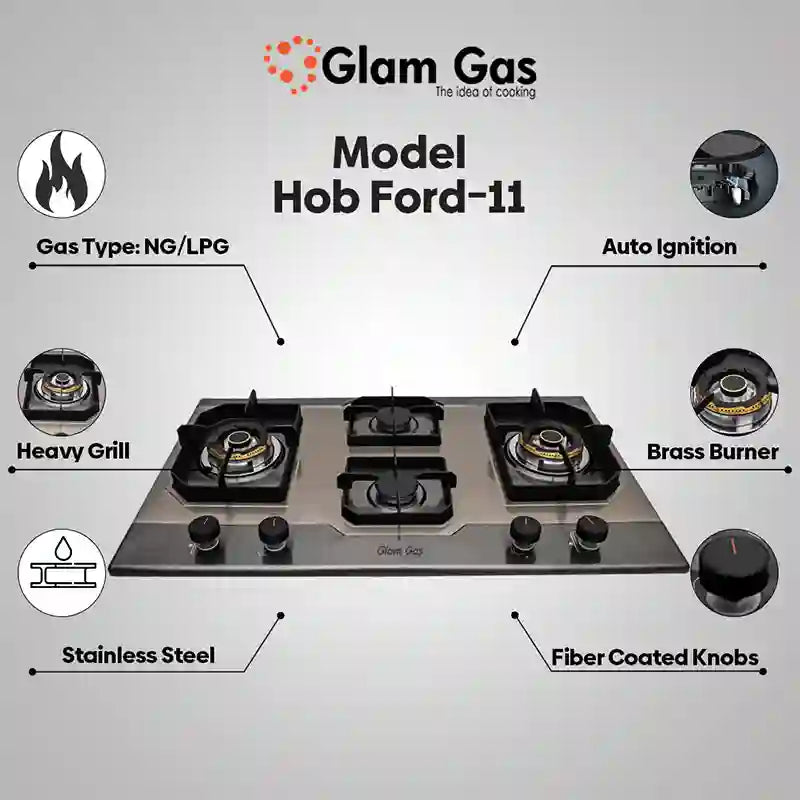 Glam Gas Built In Hob (Model-Ford 11) Auto Ignition System (Natural Gas & LPG) Brand Warranty