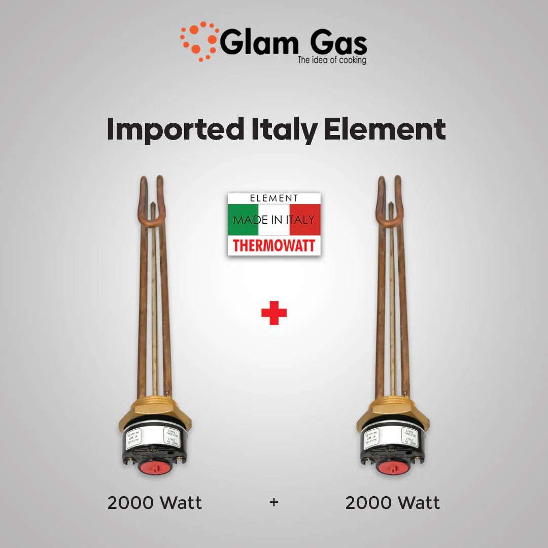 Glam Gas 50 Gallon Electric + Gas (8x8) Hybrid Storage Geyser Imported Italy Element Brand warranty