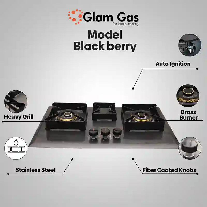 Glam Gas Built In Hob (Model Black Berry) Auto Ignition System (Natural Gas & LPG) Brand Warranty