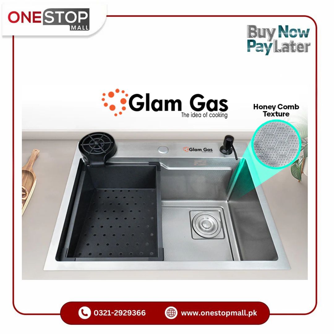 Glam Gas Life Style 6-6 Texture Kitchen Sink Glass Washer Stainless Steel Basket Brand Warranty