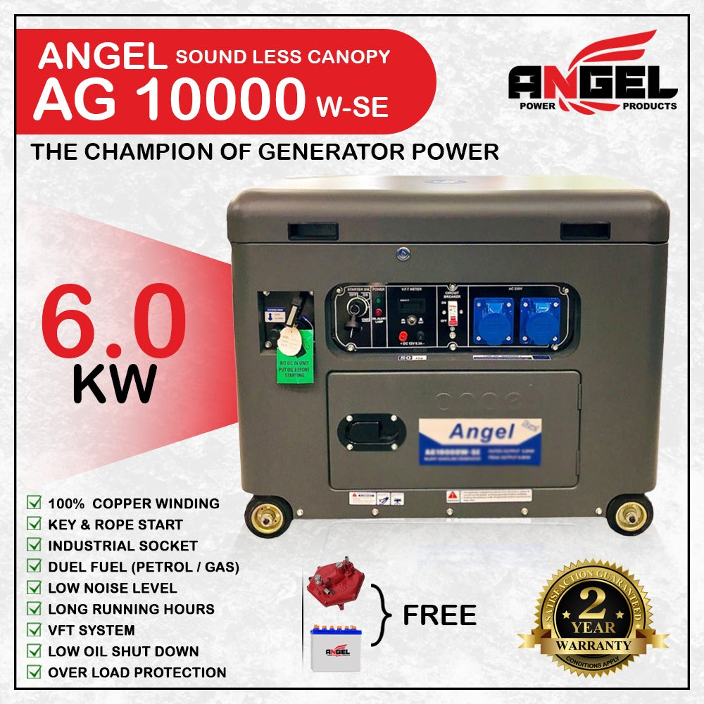 Angel Generator  AG 10000 W-SE - 8.0 KVA ( 6500 Watt Petrol + Gas Engine Euro 5 Seriese / 100% Copper Windding / Key + Rope Start VFT System / Industrial Sockets  6 Months Brand Warranty