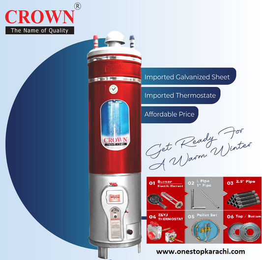 Crown Storage Geyser 30 Gallons Gauge : 10 x 14 Imported GI Pipe Electric + Gas Geyser 1 Year Brand Warranty
