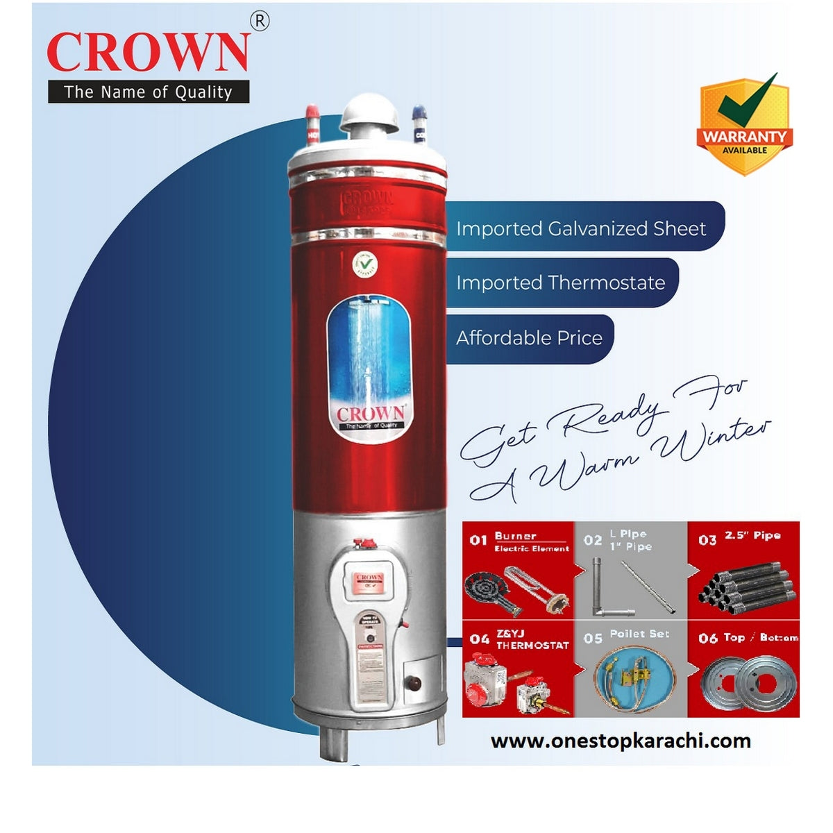 Crown Storage Geyser 30 Gallons Gauge : 12x 16 Imported GI Pipe Natural Gas Geyser 1 Year Brand Warranty